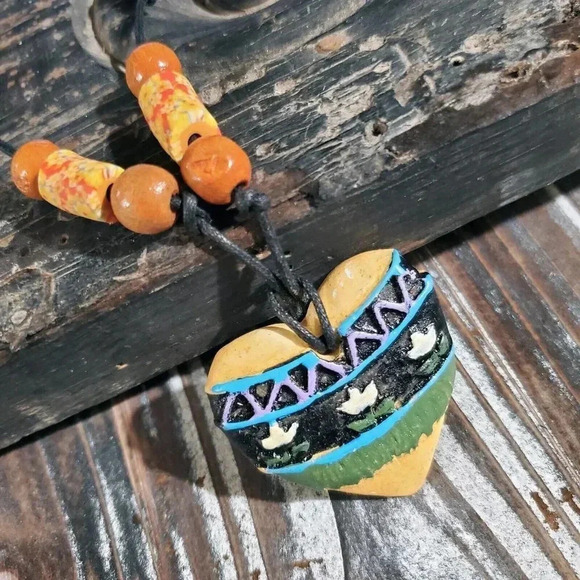 Artisan Heart Flowers Unglazed Clay Beige Black Multicolor OOAK Pendant Necklace - Picture 4 of 7